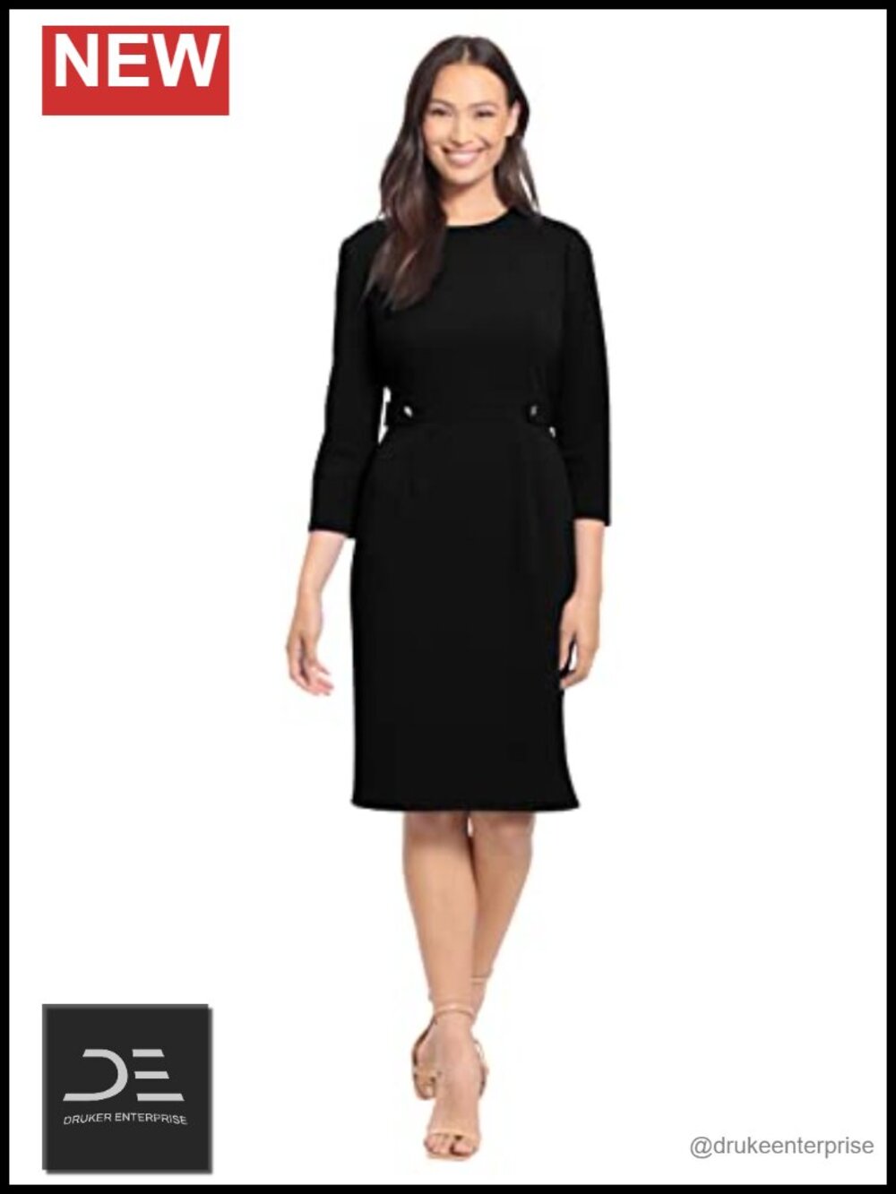London Times Women's Sheath Dress 3/4 Sleeve Button Waist Office Business